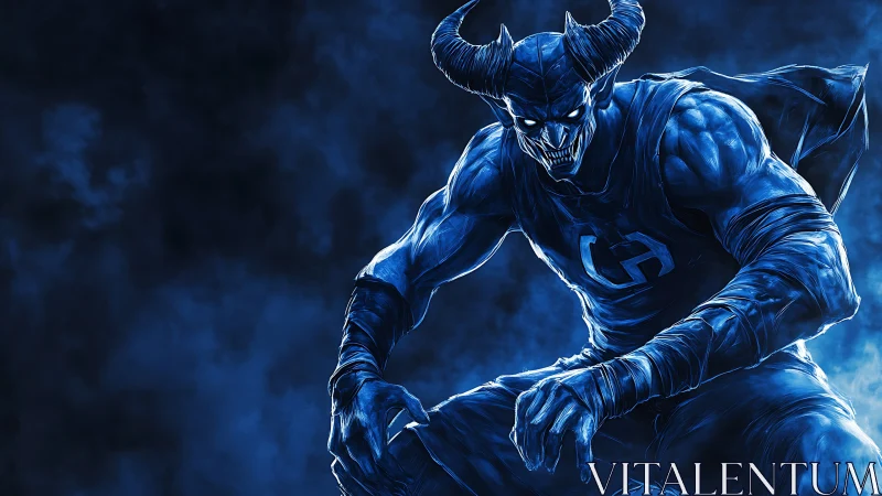 Horned blue demon warrior crouches in swirling ghostly smoke