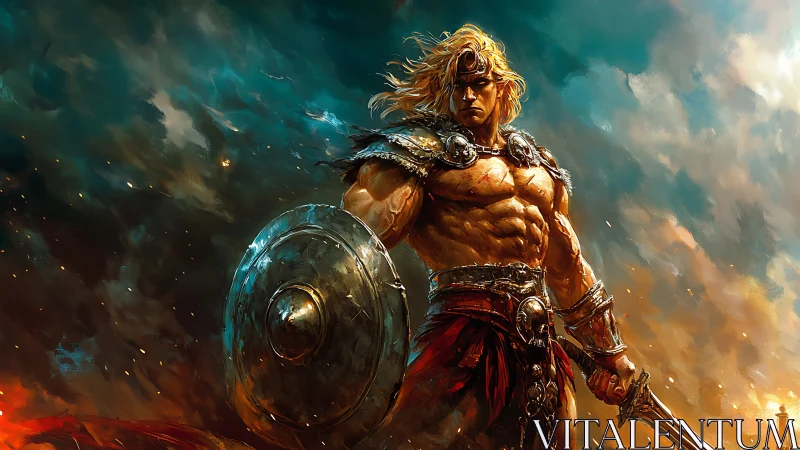 Battle-scarred barbarian warrior with shield and sword at dusk