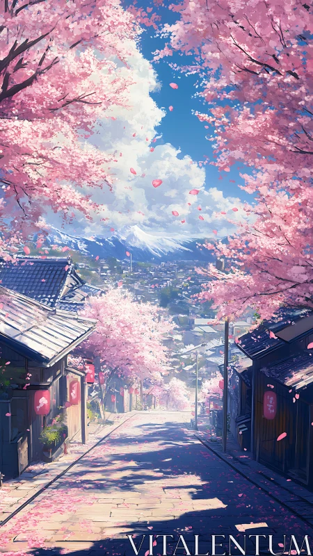 Cherry-lined street leads toward distant mountain town