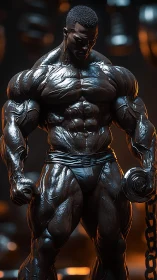Molten-iron bodybuilder forged in cinematic gym light.