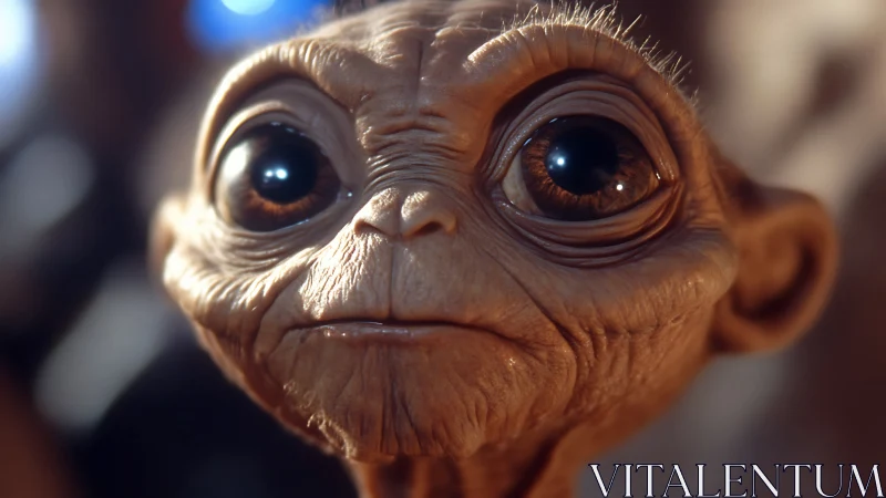 Gentle big eyed alien gazes back with quiet curiosity.