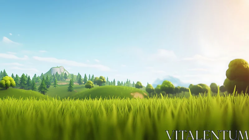 Low-angle view of stylized grassy field and distant hills.