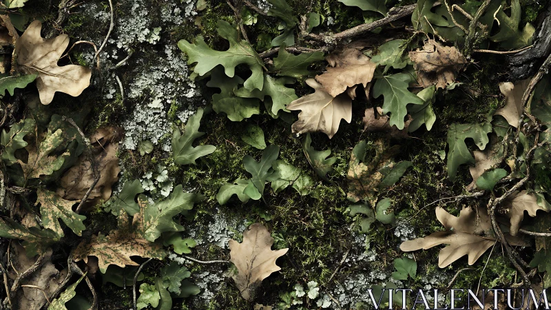 Quiet forest floor scattered with oak leaves and moss.