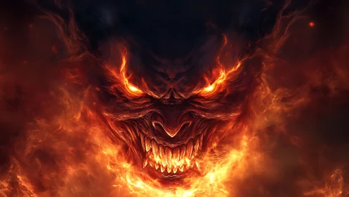 Infernal demonic face emerging from volumetric flame and smoke field