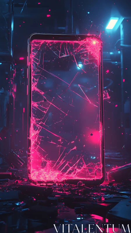 Broken smartphone with neon pink cracked screen in studio.