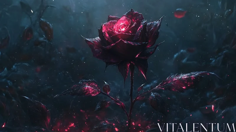 Dark glowing rose in misty night forest scene.