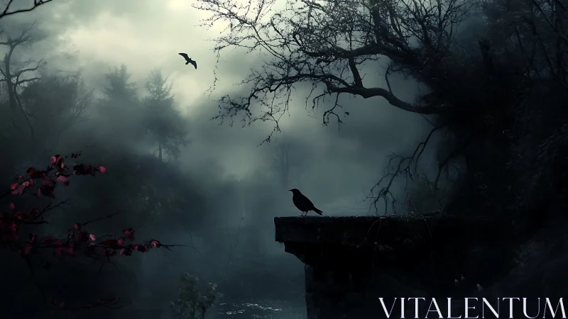 Nocturnal corvid on decayed bridge in volumetric forest fog.