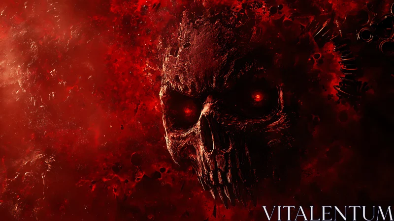 Demonic molten skull emerging from red infernal nebula field
