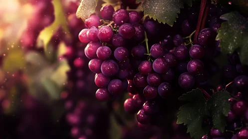 Sunlit vineyard jewels glistening in a dusky harvest hush.