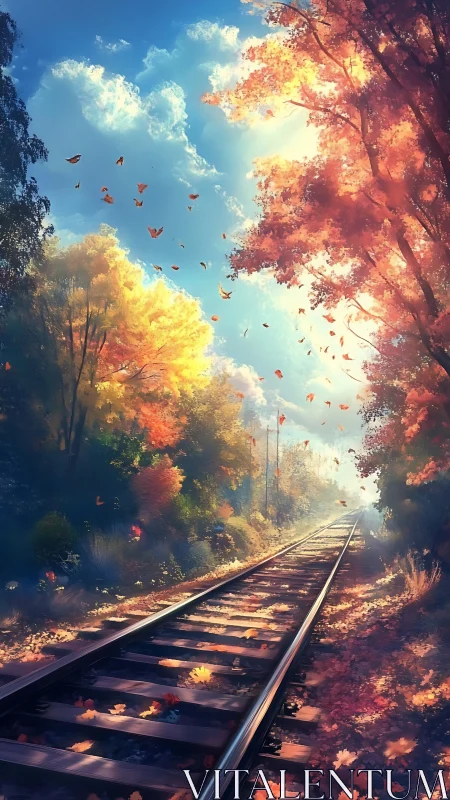 Sunlit autumn railway cutting through glowing forest