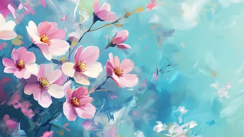 Pink cherry blossoms rendered with soft brushwork against blue atmosphere