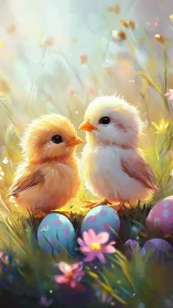 Soft-lit digital painting of spring chicks and patterned eggs