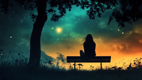 Silhouette on bench under vivid starry twilight sky.