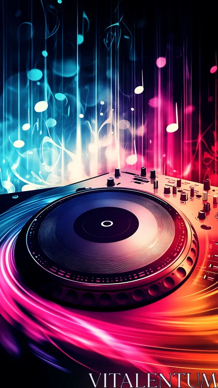 Neon DJ turntable with swirling bicolor audio light trails.