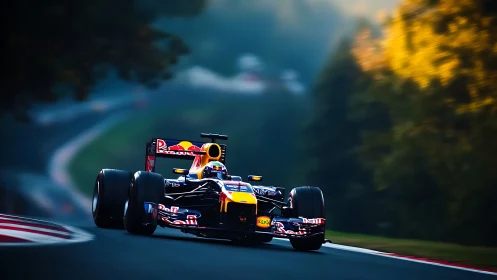 Formula race car charges through a glowing forest circuit