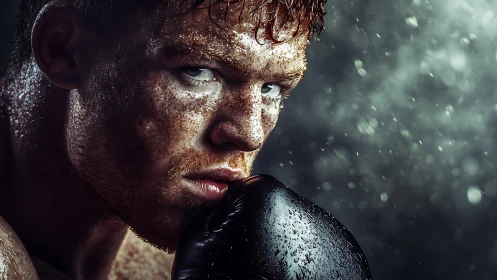 Boxer in heavy rain with contemplative gaze.