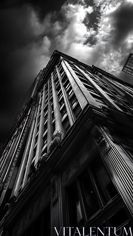 Monochrome skyscraper facade cuts into storm-lit sky.