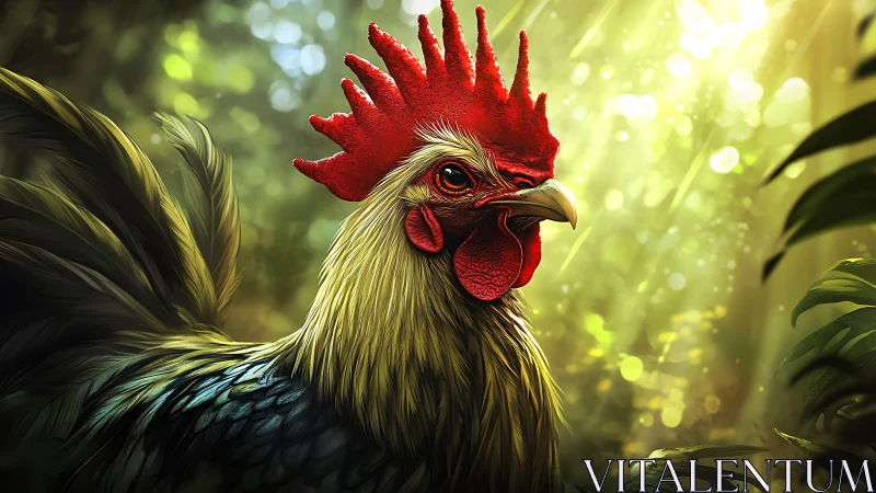 Rooster Portrait with Radiant Red Comb in Forest Glow.