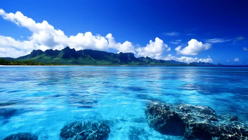 Tropical coastal lagoon with clear shallows and volcanic ridge