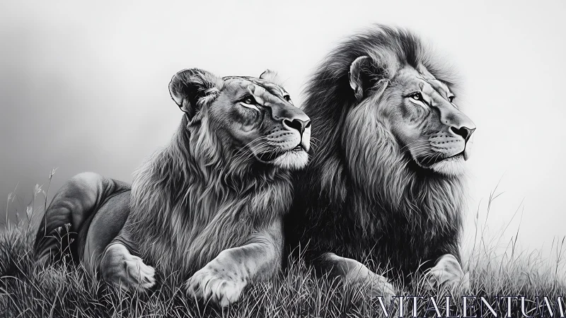 Two Lions Resting in Grassland.