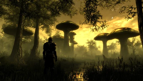 Lone armored wanderer explores a misty giant mushroom swamp