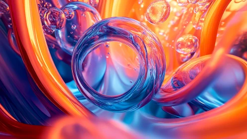 Luminous glass orbs swirl through neon fluid energy space