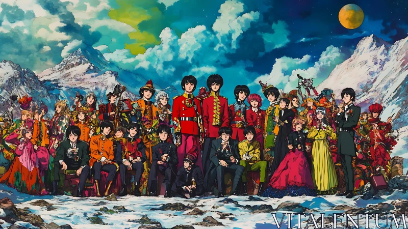 Vibrant anime ensemble gathers proudly in snowy mountains