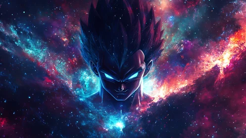 Cosmic anime warrior head emerging from glowing nebula.