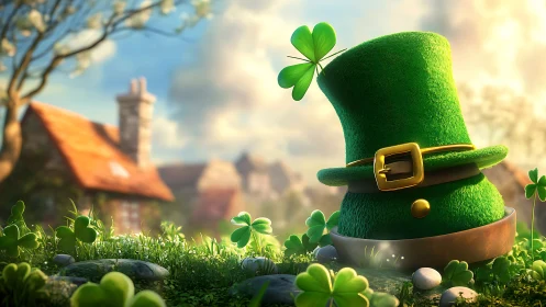 Sunny cottage meadow with a lucky green leprechaun hat.