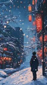 Snowfall street study with lantern luminance and figure solitude.