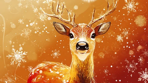 Gentle winter deer glows softly amid swirling golden snow
