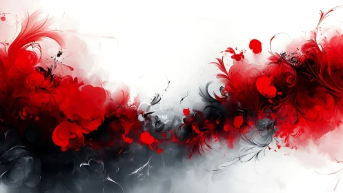 Red floral ink plumes swirl through monochrome smoke field