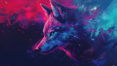 Neon wolf profile in vivid pink and cyan light trail.