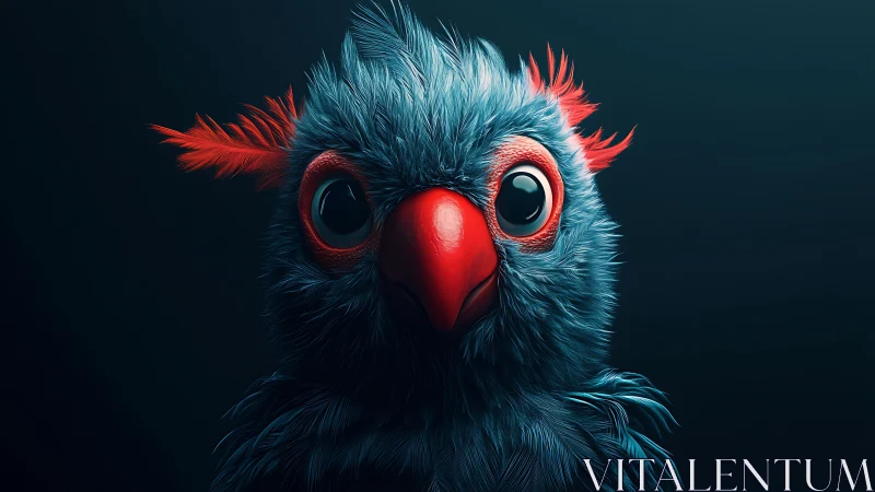 Vivid blue cartoon bird with red beak and feathers, digital art.