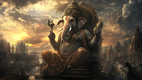 Majestic digital Ganesha statue over ancient temple city.