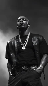 Monochrome hip hop performer under dramatic stage lighting.