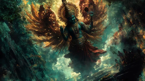 Winged divine figure in dense atmospheric landscape.