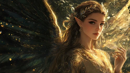 Gilded forest fae queen crowned in embers of twilight gold.