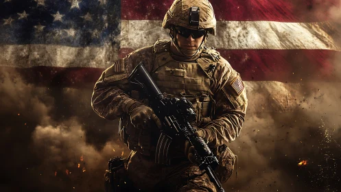 Modern soldier in combat gear before worn US flag backdrop.