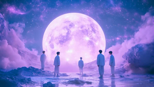 Surreal lunar horizon tableau with five silhouetted figures.