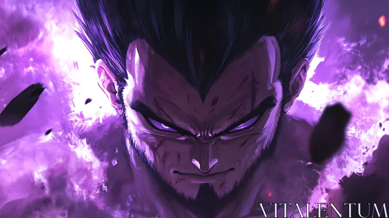 Intense anime warrior in dark purple energy aura.