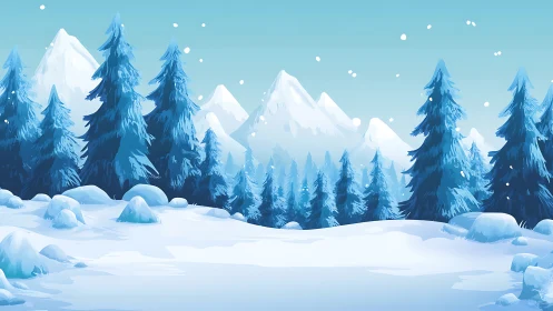 Snow covered conifer forest with distant mountain range.