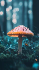 Single forest mushroom stands under soft diffused light