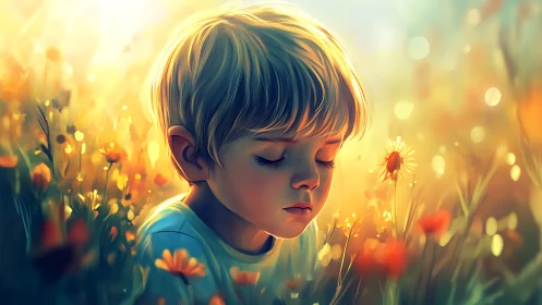 Young Boy Contemplating Wildflowers in Golden Sunlight