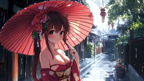 Kimono-clad girl holds red umbrella on rainy alleyway