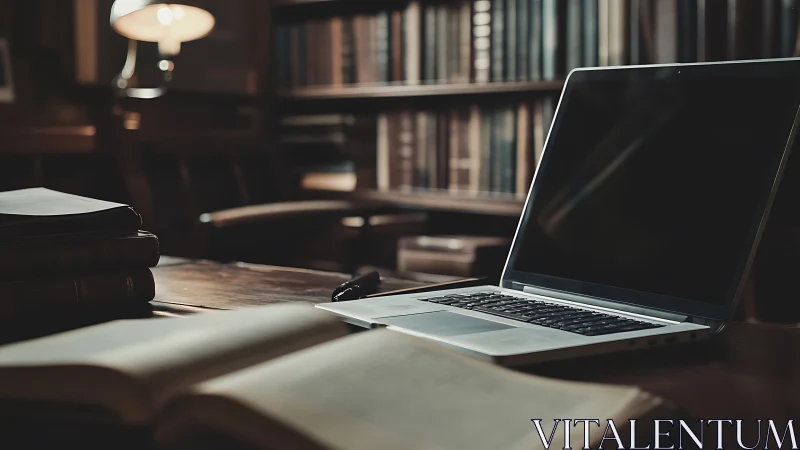 Laptop and open books occupy a wooden desk in a library