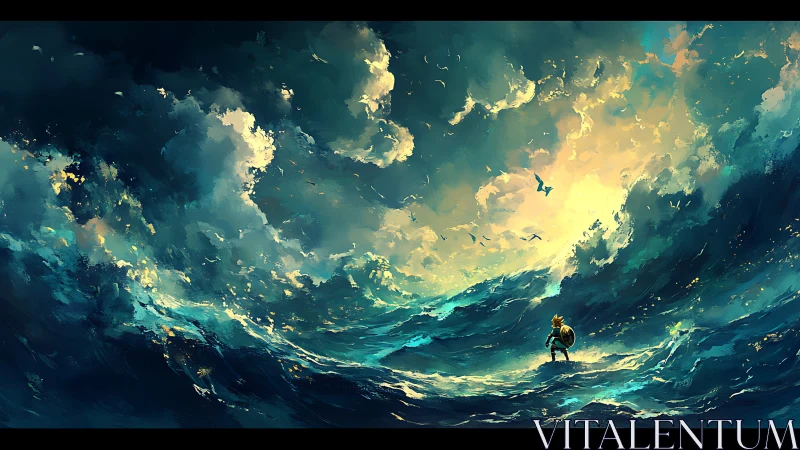 Small hero facing a glowing stormy sea of courage.