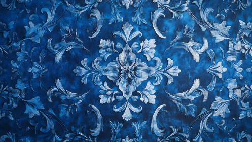 Baroque floral damask motif in silver impasto on cobalt ground