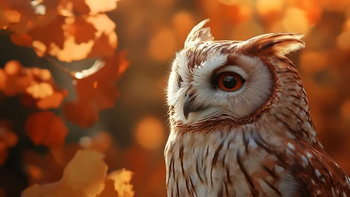 Majestic Owl in Autumn Forest with Warm Golden Bokeh Effect.