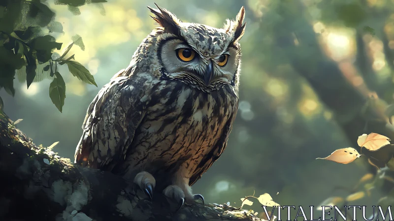 Majestic owl perched on tree branch in dreamy digital art style.